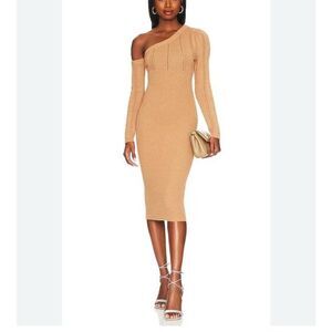 Majorelle Landau Sweater Midi Dress XS Camel Tan One Shoulder Ribbed Knit Bodyco